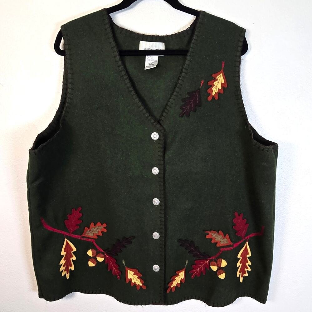 Vintage Lemon Grass Autumn Vest Women's 18/20 Green Wool Blend Leaf Applique